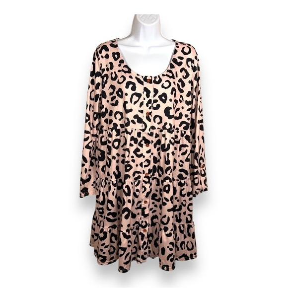LARGE LEOPARD PRINT TUNIC DRESS TOP RUFFLE LONG SLEEVE STRETCH BLACK CREAM/PINK - Picture 1 of 12